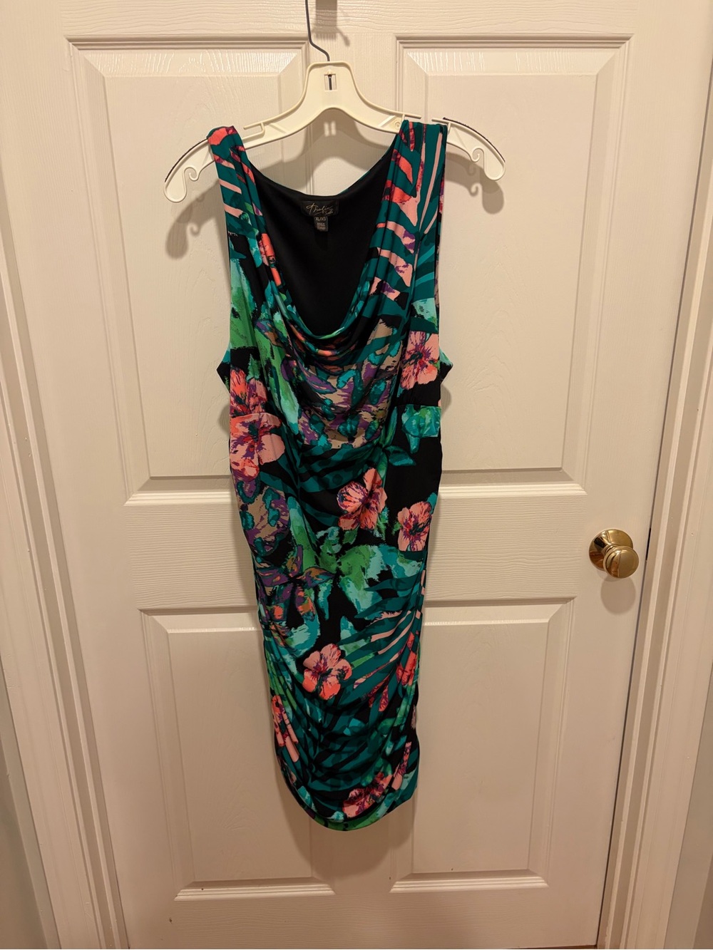Thalia Sodi Teal and Pink Floral Cowl Midi Dress